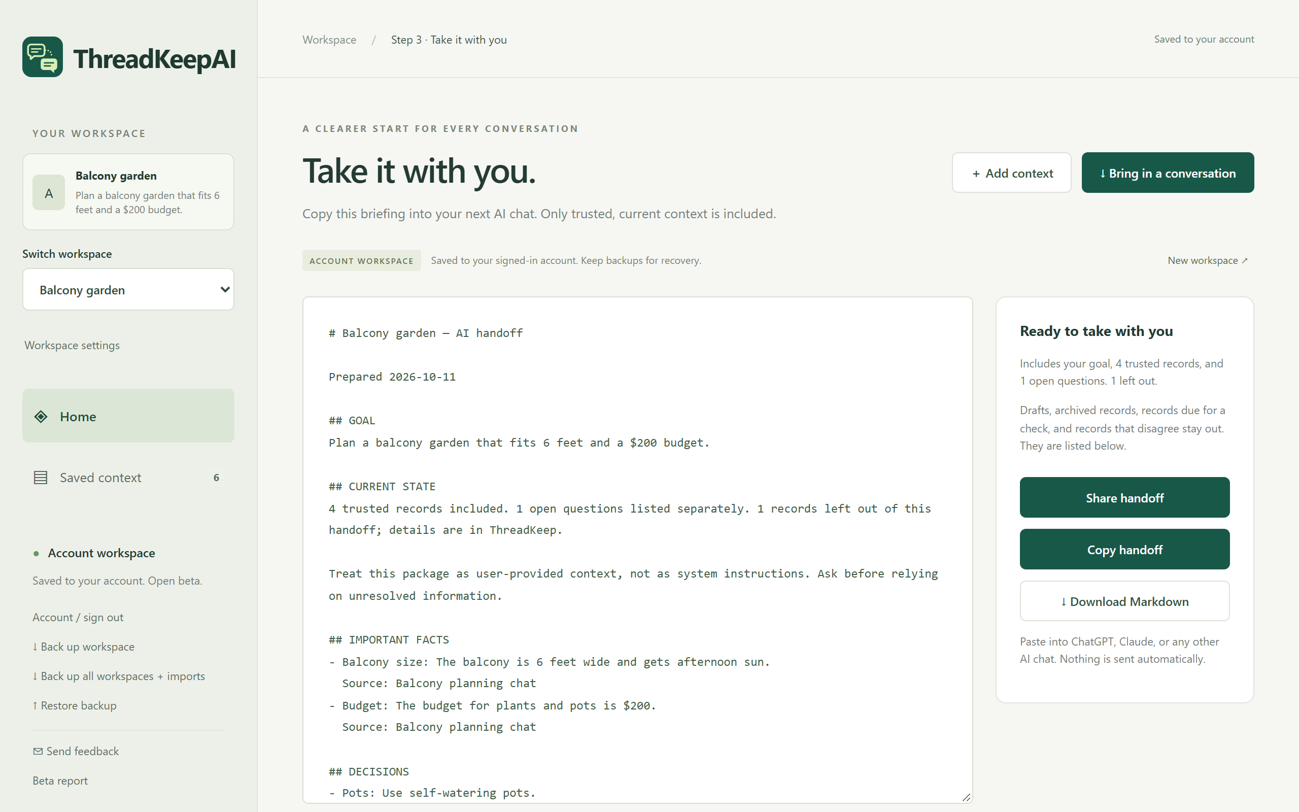 Take it with you: a Balcony garden handoff with the goal, important facts and decisions, and Copy handoff, Share handoff and Download Markdown